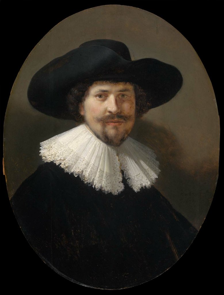Muotokuva leveän reunan hatussa olevasta miehestä tekijältä Rembrandt van Rijn