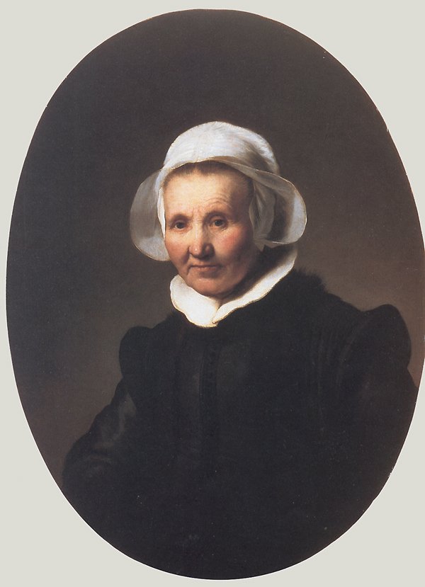 Muotokuva naisesta, jolla on musta puku ja korkki ja kaulus tekijältä Rembrandt van Rijn