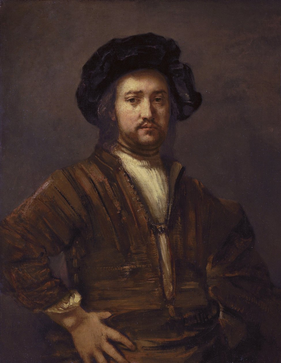 Portret van een man tapasi de handen in zij tekijältä Rembrandt van Rijn