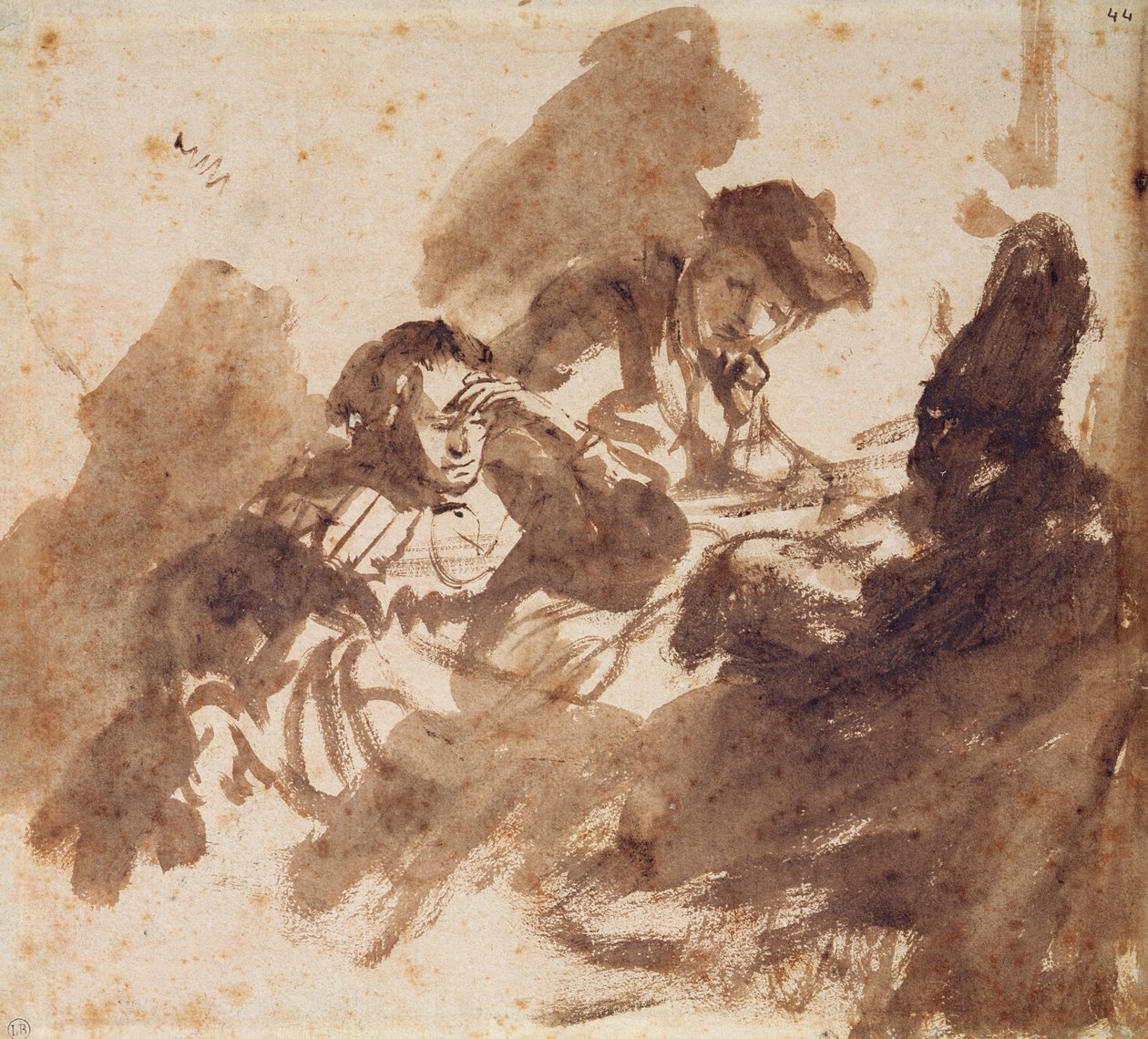 Lukeminen (muste ja pesu paperille) tekijältä Rembrandt van Rijn