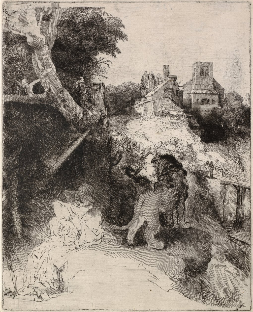 Pyhä Hieronymus lukemassa italialaisessa maisemassa tekijältä Rembrandt van Rijn