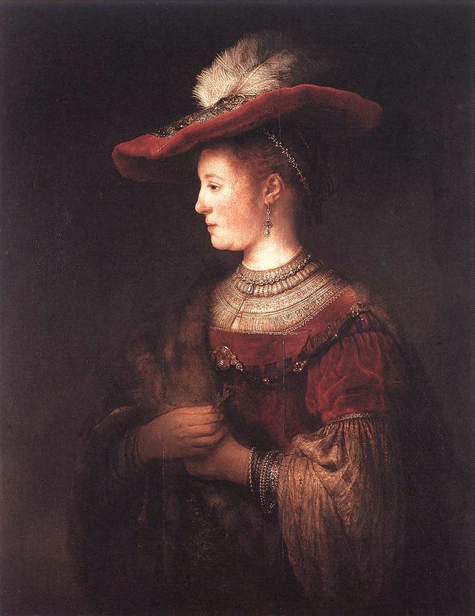 Saskia upeassa mekossa tekijältä Rembrandt van Rijn