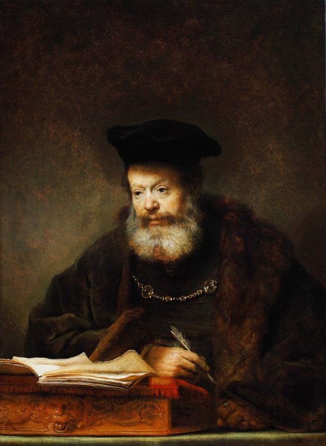 Tutkija kirjoituspöydän ääressä tekijältä Rembrandt van Rijn