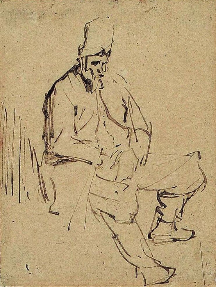 Istuva mies, jolla on korkea lippalakki tekijältä Rembrandt van Rijn