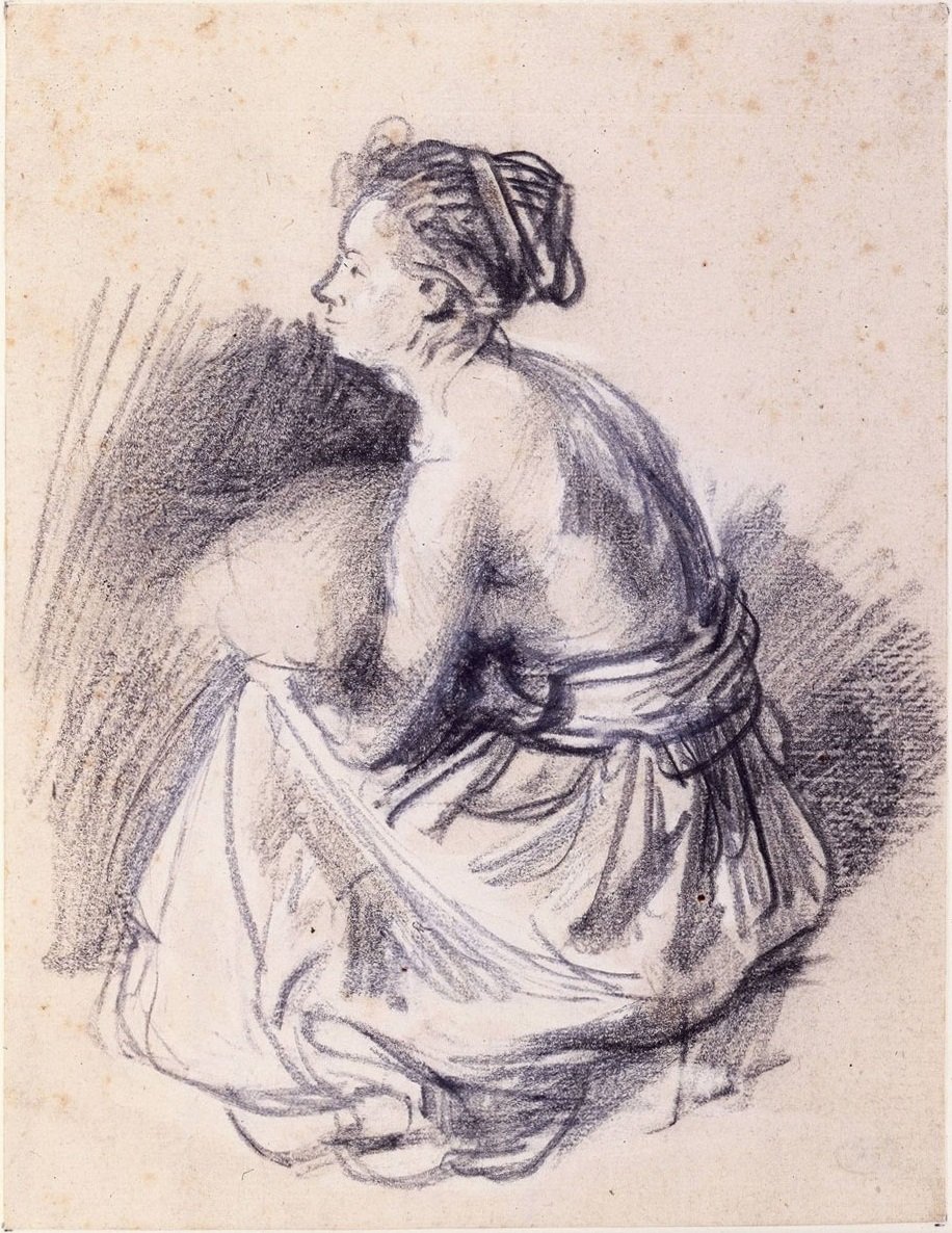 Istuva nainen, alasti vyötärölle tekijältä Rembrandt van Rijn