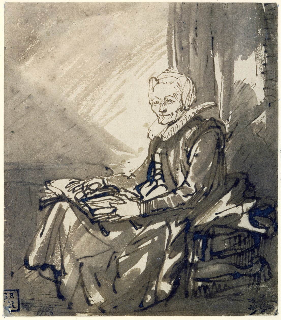 Istuva nainen, avoin kirja sylissään tekijältä Rembrandt van Rijn