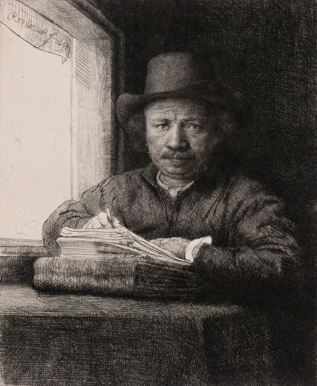 Omakuva piirustus ikkunassa tekijältä Rembrandt van Rijn
