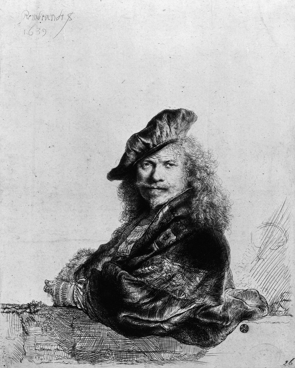 Omakuva kivikynnykselle nojaten, 1639 tekijältä Rembrandt van Rijn