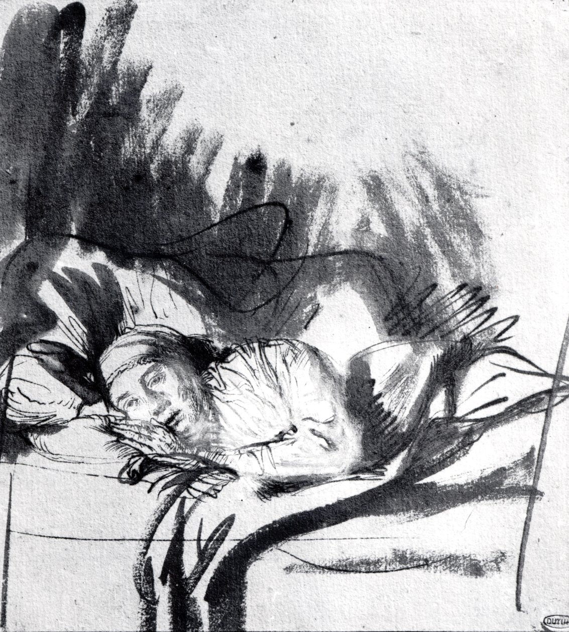 Sairas nainen sängyssä, ehkä Saskia, taidemaalarin vaimo, n. 1640 (kynä ja bistre paperilla) tekijältä Rembrandt van Rijn