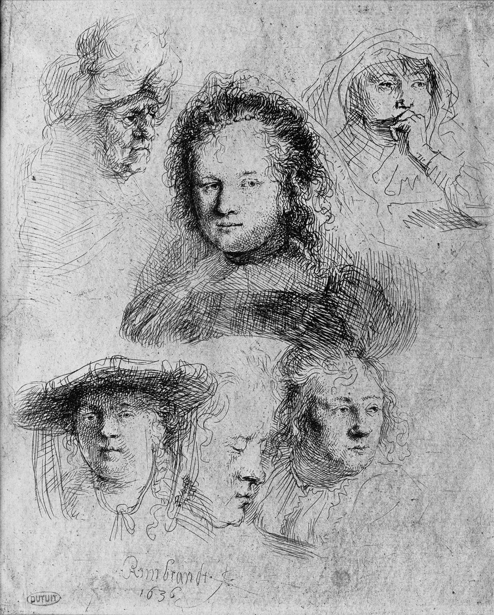 Kuusi päätä ja Saskia van Uylenburgh (1612-42) keskellä, 1636 tekijältä Rembrandt van Rijn