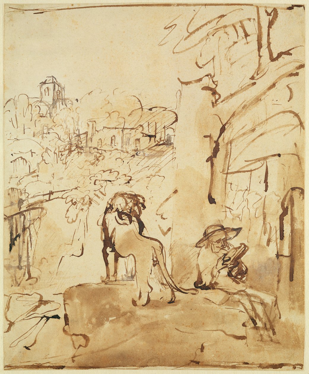 Pyhä Hieronymus lukemassa maisemassa tekijältä Rembrandt van Rijn