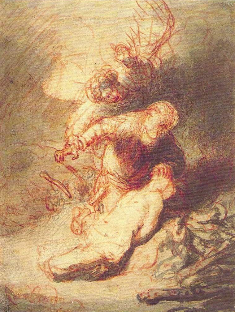 Enkeli, joka estää Aabrahamia uhraamasta poikaansa Iisakia. tekijältä Rembrandt van Rijn