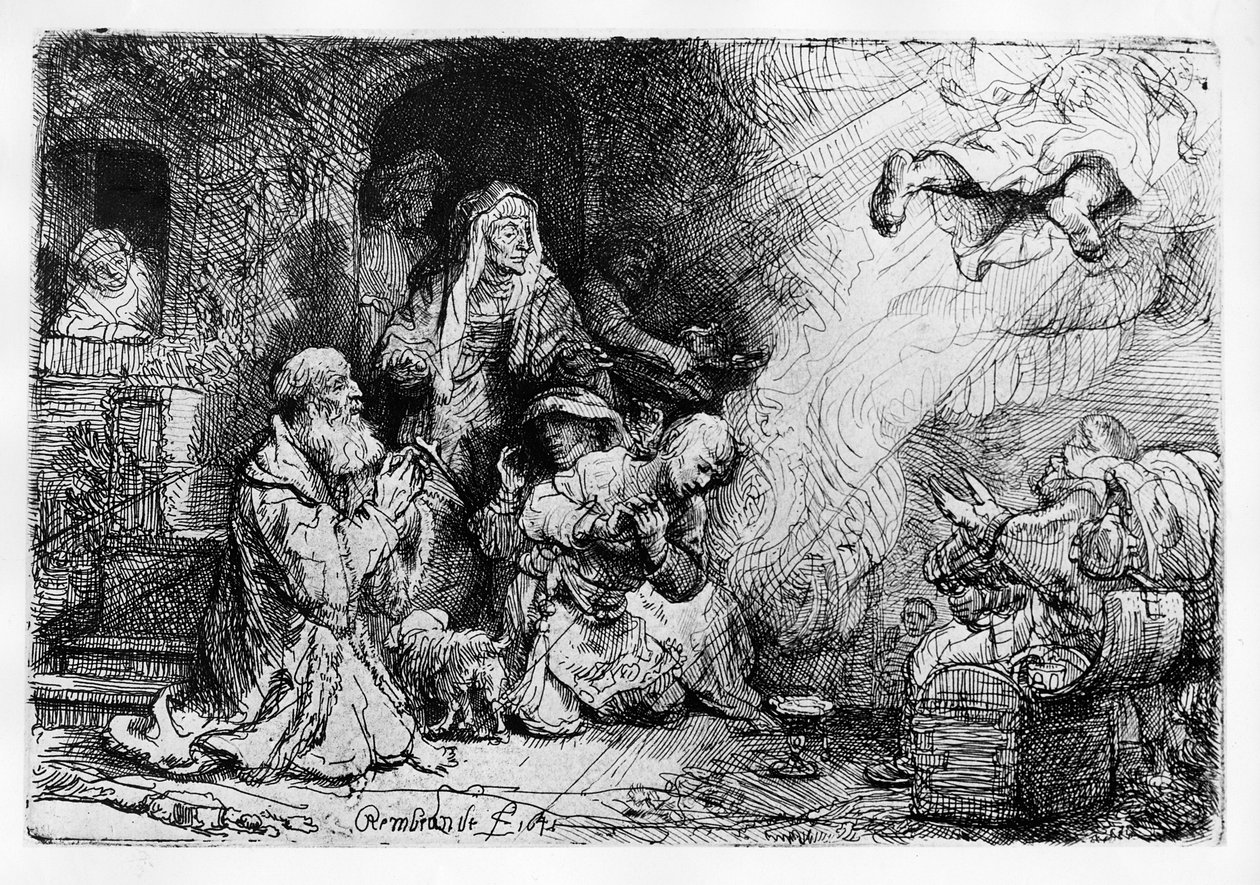 Enkeli, joka jättää Tobiaksen perheen, 1641 tekijältä Rembrandt van Rijn