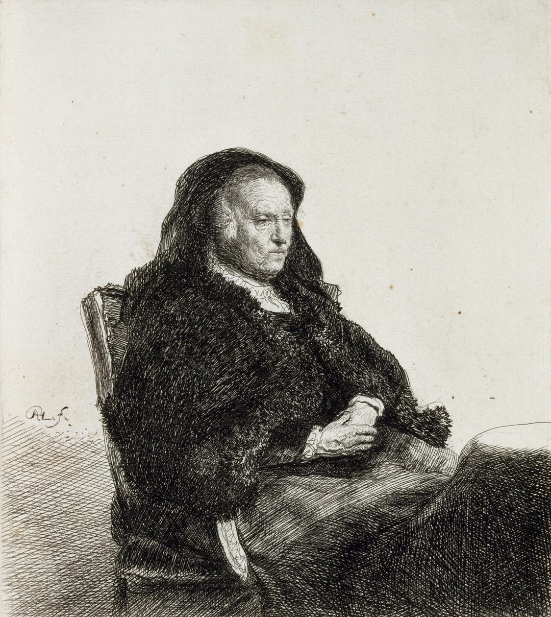 Taiteilijoiden äiti istui pöydän ääressä tekijältä Rembrandt van Rijn