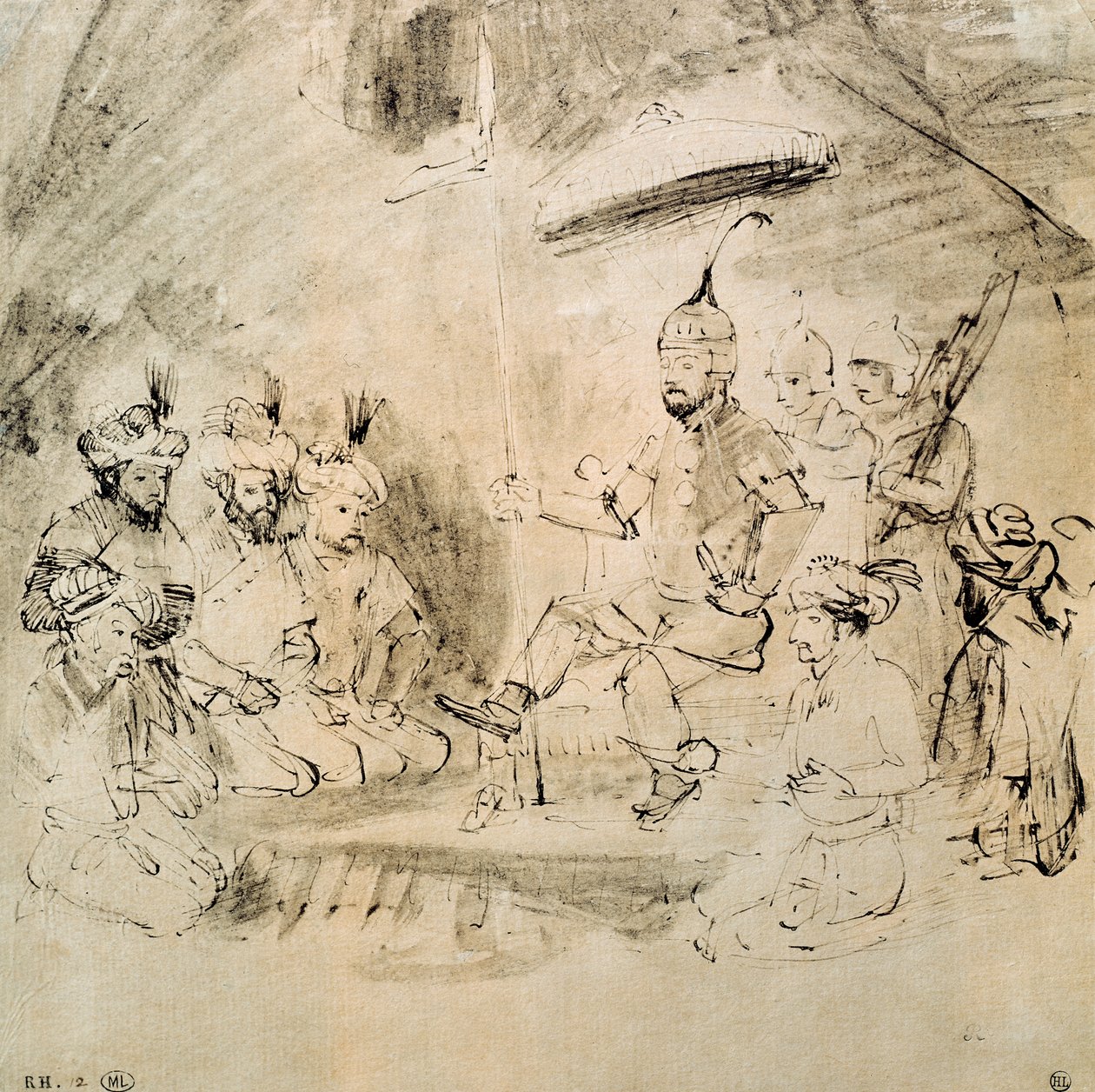 Keisari Timur (1336-1405) valtaistuimellaan intialaisen pienoismallin jälkeen tekijältä Rembrandt van Rijn