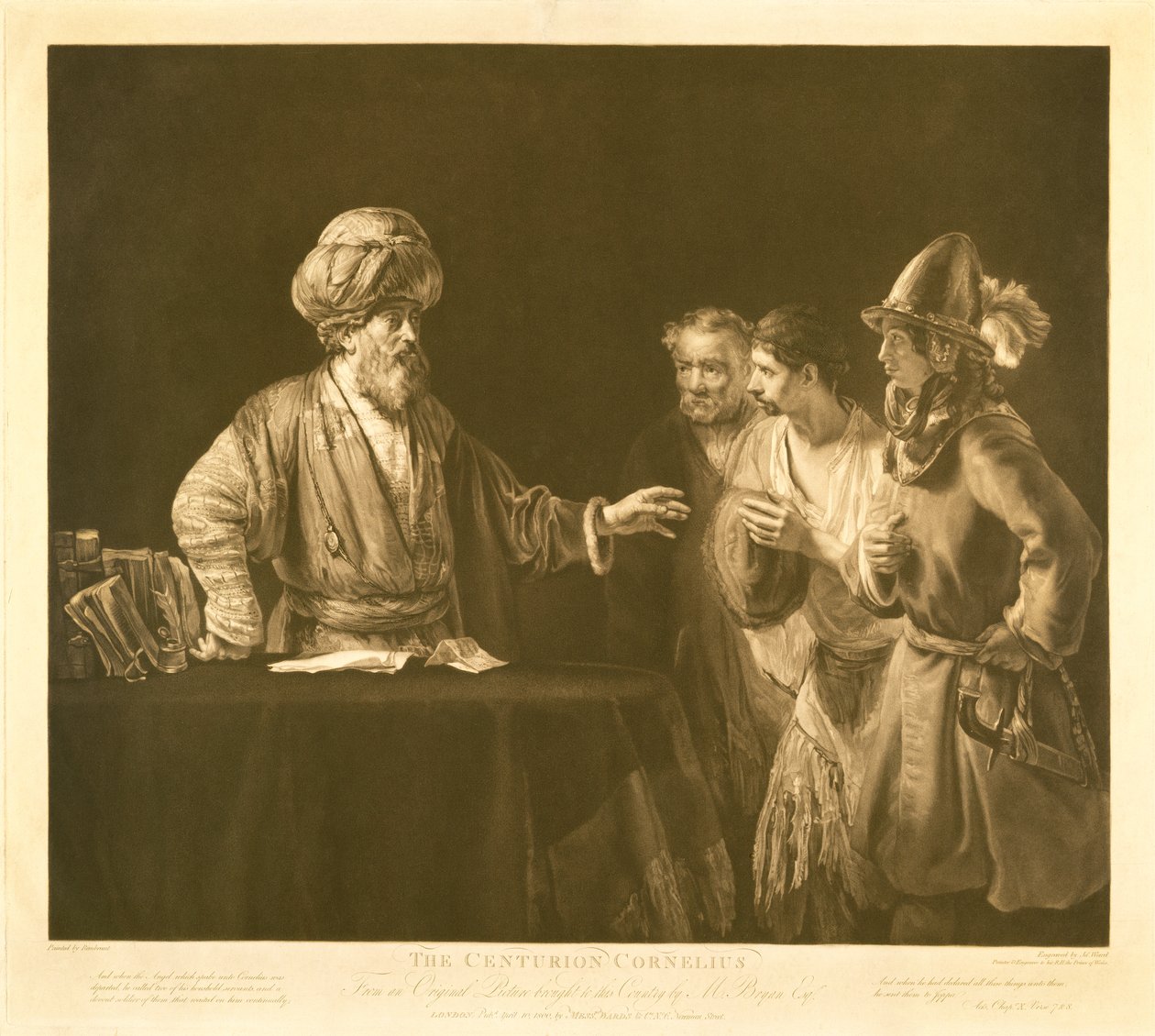 Roomalainen sadanpäämies Cornelius käskee palvelijoitaan menemään Joppeen pyytämään apostoli Pietaria vierailemaan hänen luonaan Caesereaan, kaivertamaan James Ward (1769-1859) 1800 (ruskea ja valkoinen kaiverrus) tekijältä Rembrandt van Rijn