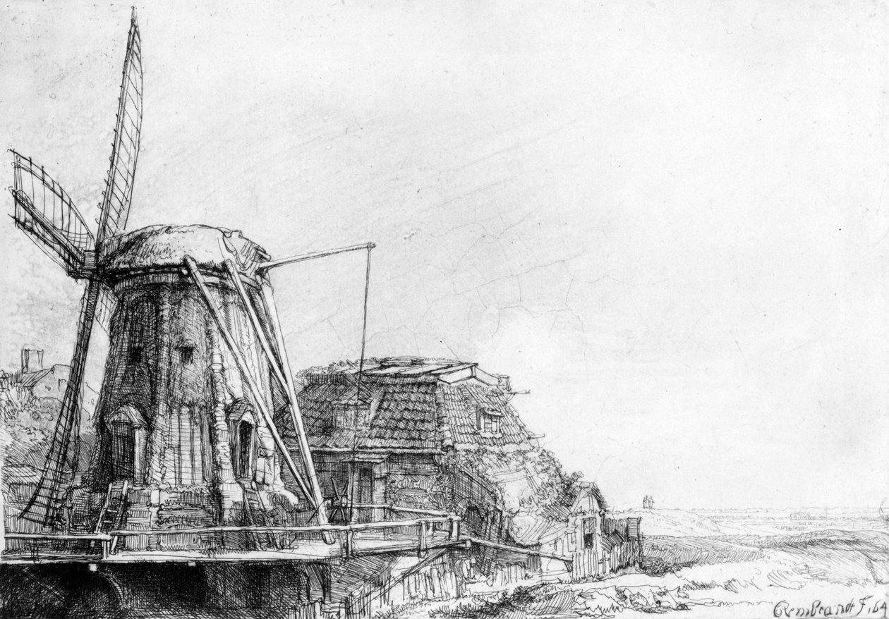 Tuulimylly, 1641 (etsaus) tekijältä Rembrandt van Rijn