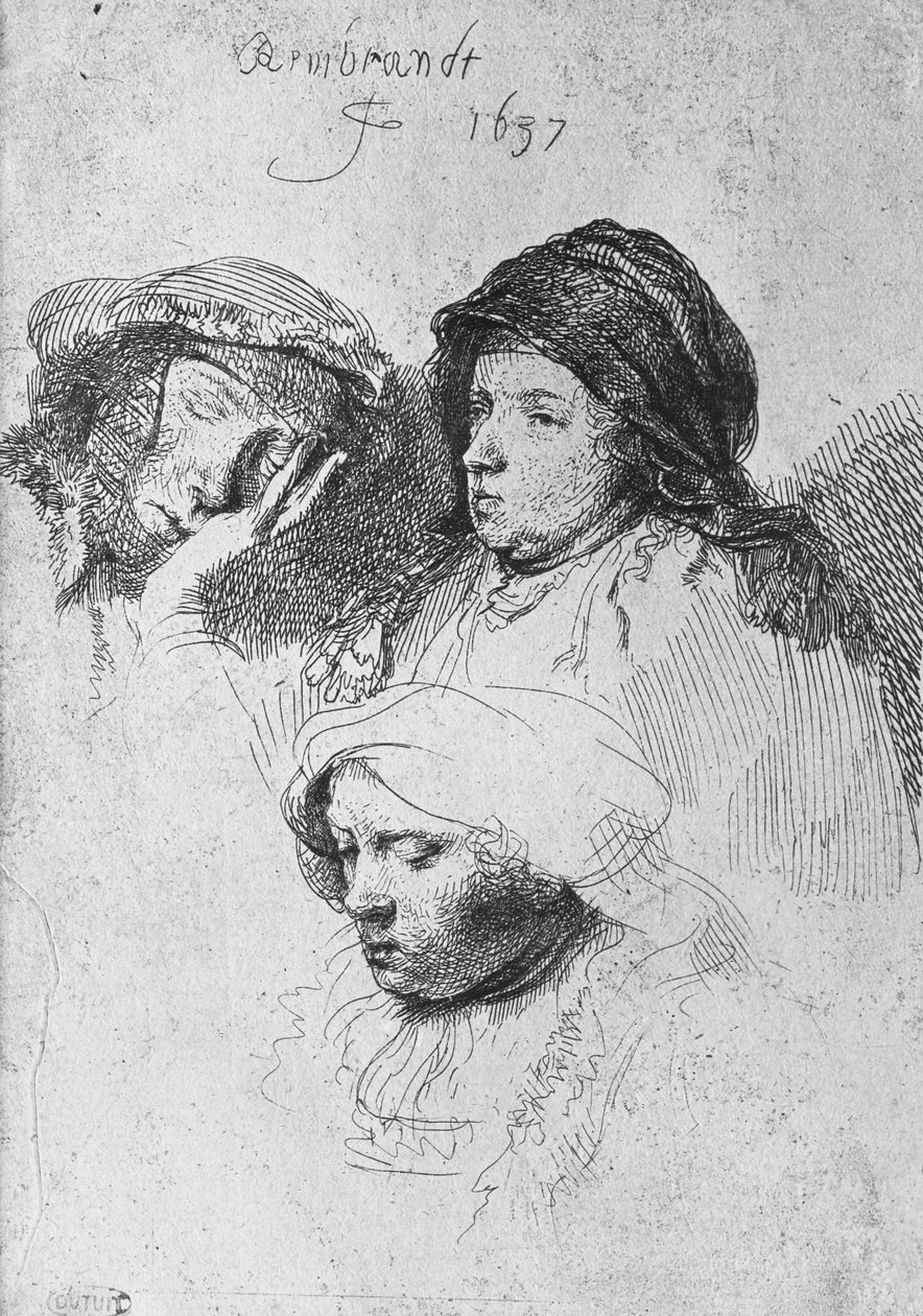 Kolme naispäätä, joista yksi nukkuu, 1637 tekijältä Rembrandt van Rijn