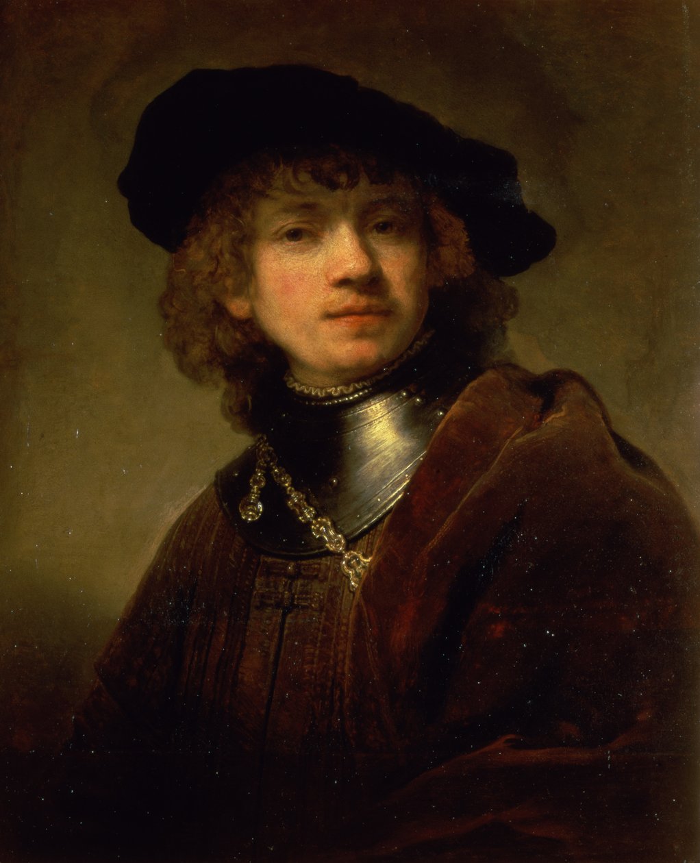 "Tronie" nuoresta miehestä Gorgetin ja baretin kanssa, n. 1639 tekijältä Rembrandt van Rijn