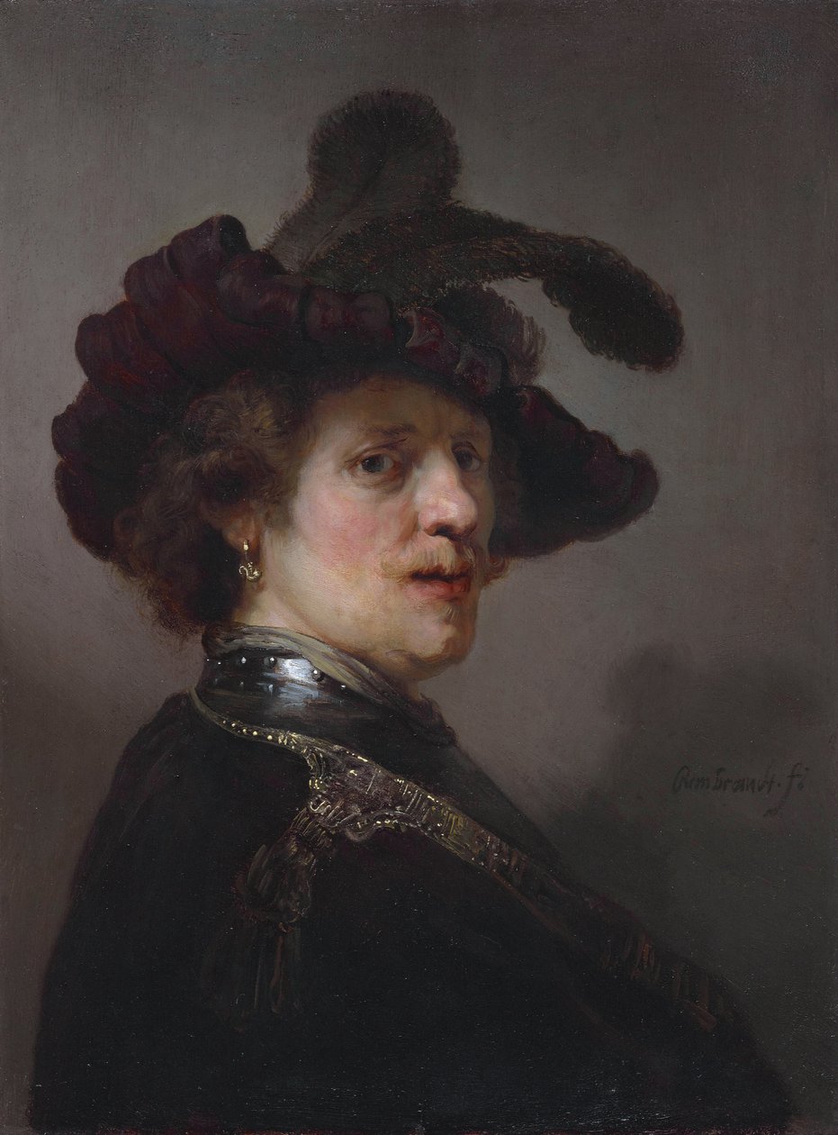 Tronie miehestä, jolla on höyhenpeite tekijältä Rembrandt van Rijn