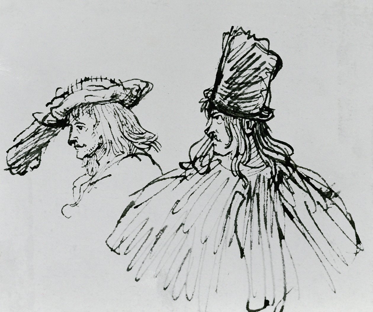 Kaksi näyttelijää (kynät ja mustepesu paperille) tekijältä Rembrandt van Rijn