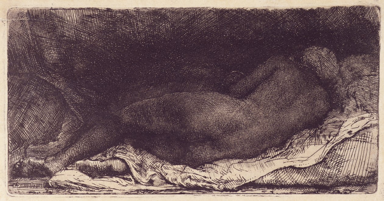 Sängyllä makaava nainen, 1658 (etsaus, kuivaneulaus ja burin, pintasävy) tekijältä Rembrandt van Rijn