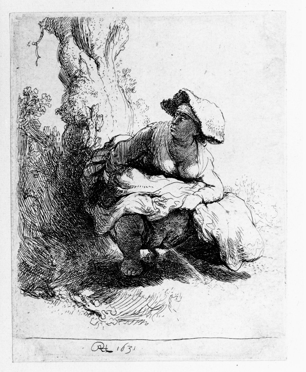 Nainen virtsaa puun alla, 1631 tekijältä Rembrandt van Rijn