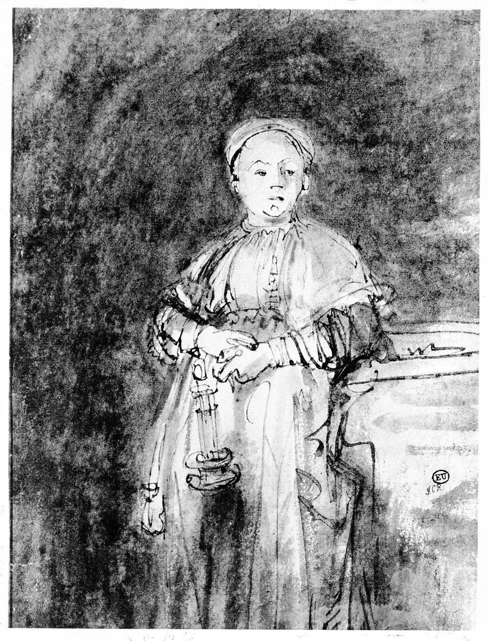 Nainen kynttilän kanssa, n. 1631 (kynä, muste ja pesu paperille) tekijältä Rembrandt van Rijn