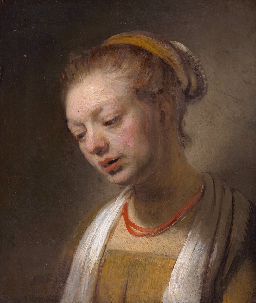 Nuori nainen punaisella kaulakorulla tekijältä Rembrandt van Rijn