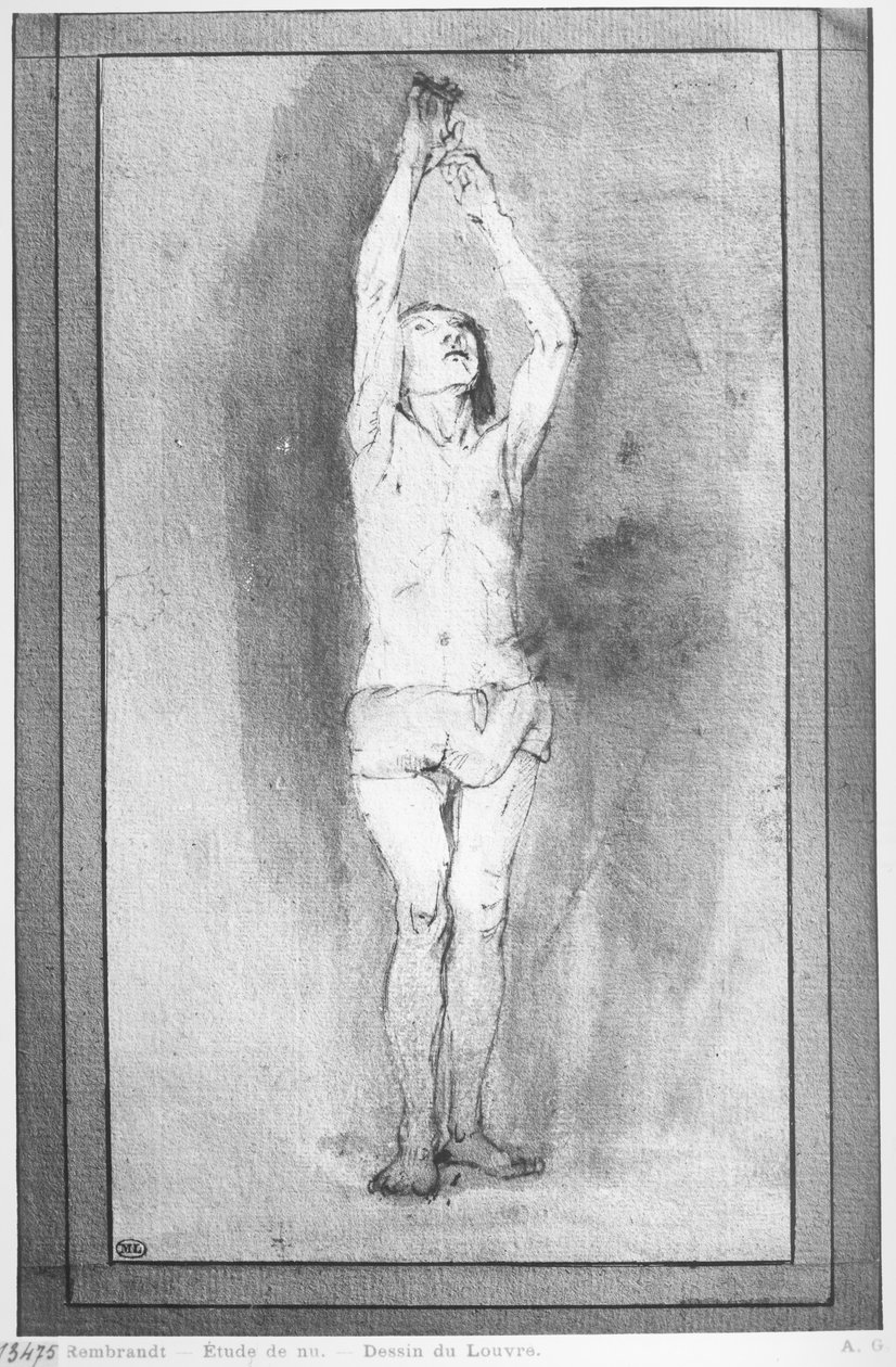 Nuori poika lannekankaalla, molemmat kädet ripustettuna pieneen tankoon (kynä, ruskea muste ja pesu paperille) tekijältä Rembrandt van Rijn