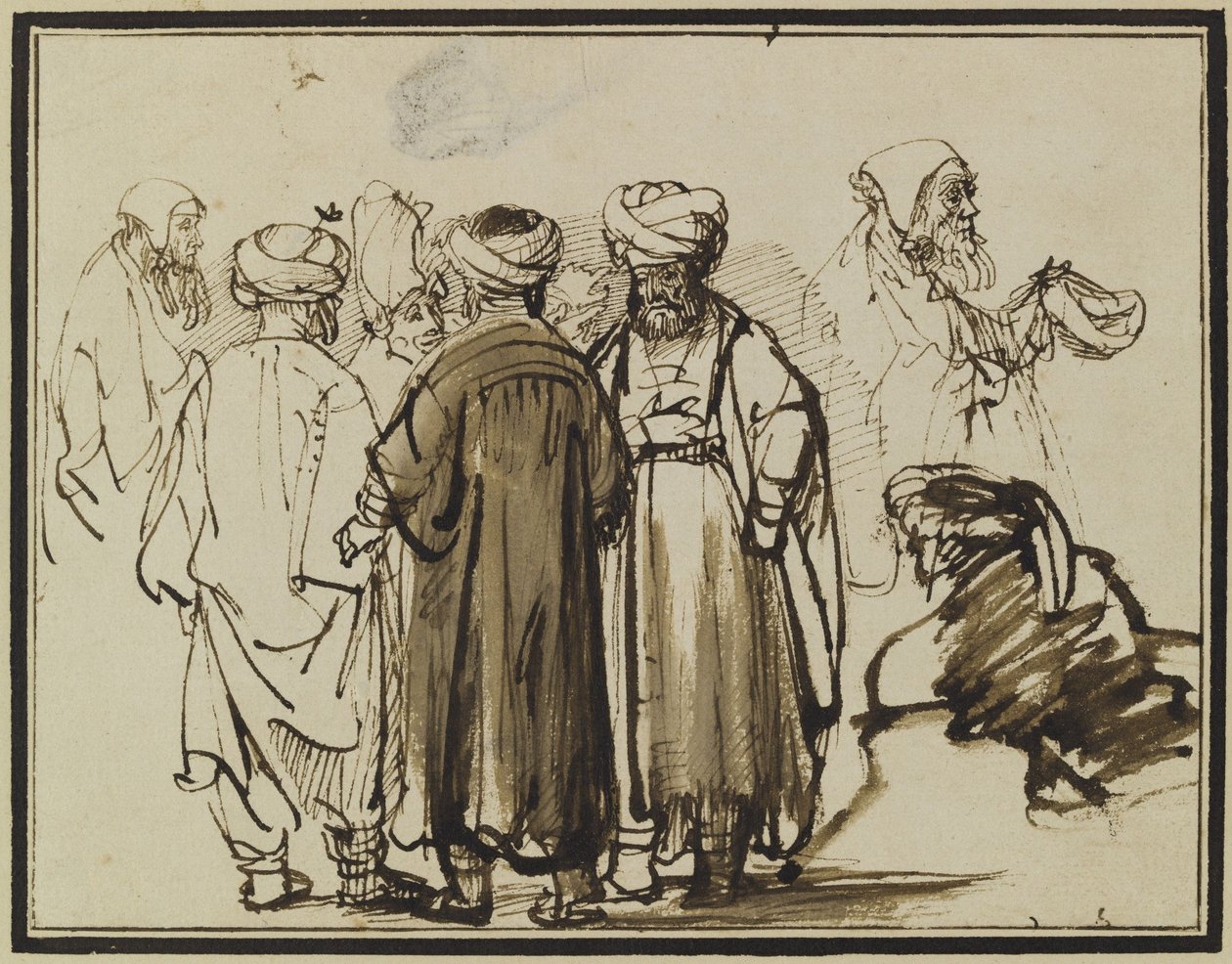 Miehet itämaisissa vaatteissa ja kaksi tutkimusta kerjäläisestä puolihahmossa. tekijältä Rembrandt
