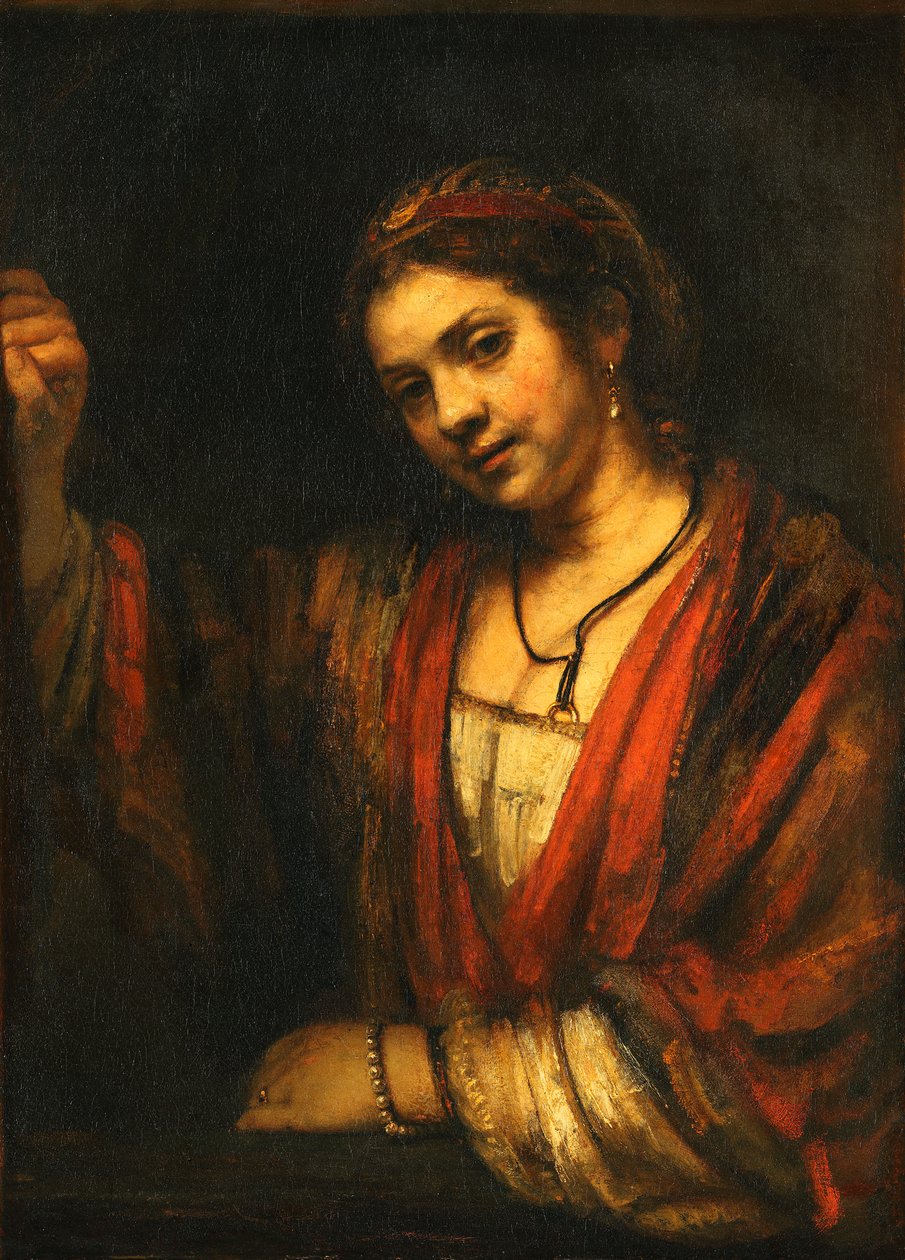Nuori nainen avoimen yläoven luona tekijältä Rembrandt