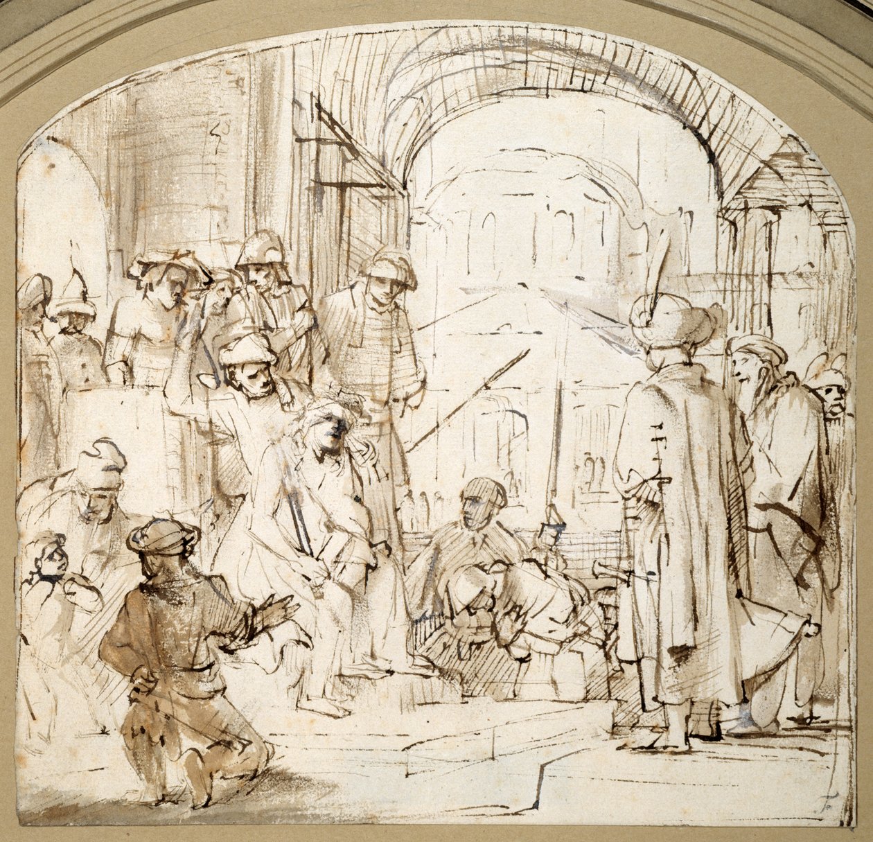 Christ Mocked (kynä ja muste pesulla paperille) tekijältä Rembrandt Harmensz. van Rijn (school of)