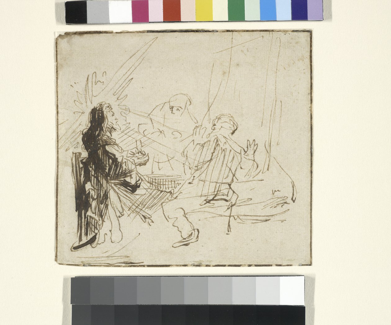 Illallinen Emmauksessa, n. 1630-1633 (muste ja liitu paperille) tekijältä Rembrandt Harmensz. van Rijn (school of)