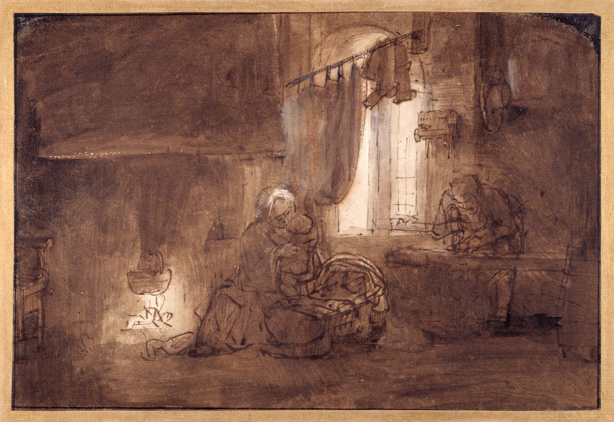 Pyhä perhe puusepänliikkeessä (kynä ja muste pesulla paperille) tekijältä Rembrandt Harmensz. van Rijn (school of)