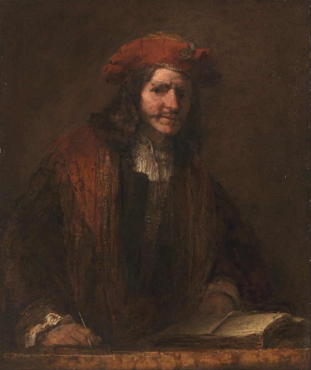 Mies, jolla on punainen lippalakki, noin 1660-65 (öljy kankaalle). tekijältä Rembrandt Harmensz. van Rijn (school of)