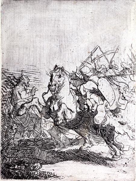 Ratsuväkitaistelu (kynä ja muste paperille) tekijältä Rembrandt Harmensz. van Rijn