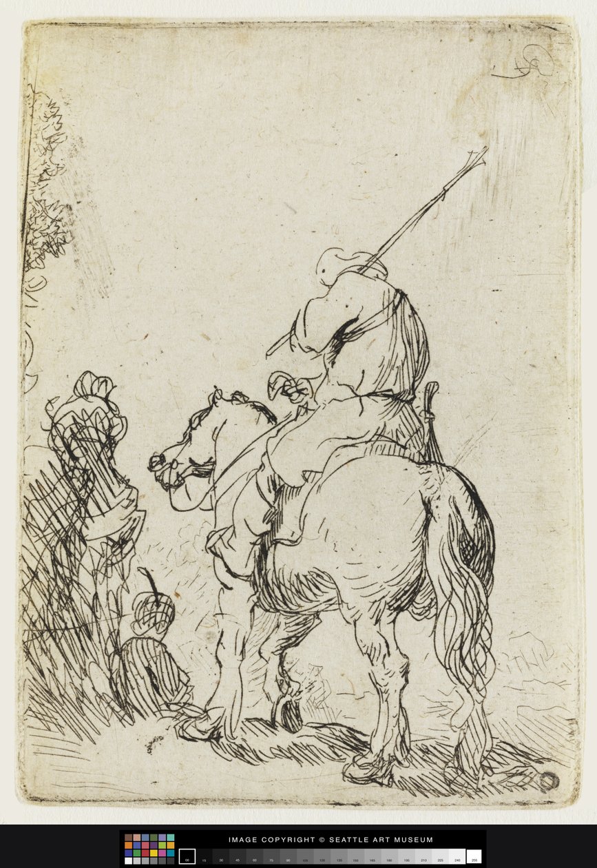 Turbaaninen sotilas hevosen selässä, n. 1632 (etsaus) tekijältä Rembrandt van Rijn
