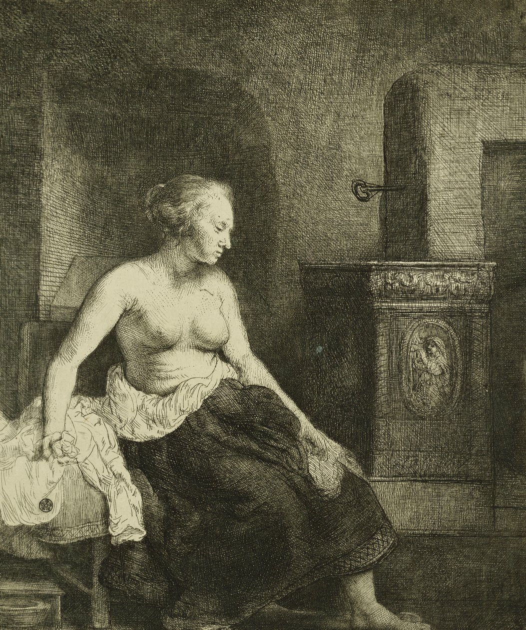 Nainen istumassa puolipukeutuneena lieden vieressä, 1658 tekijältä Rembrandt van Rijn
