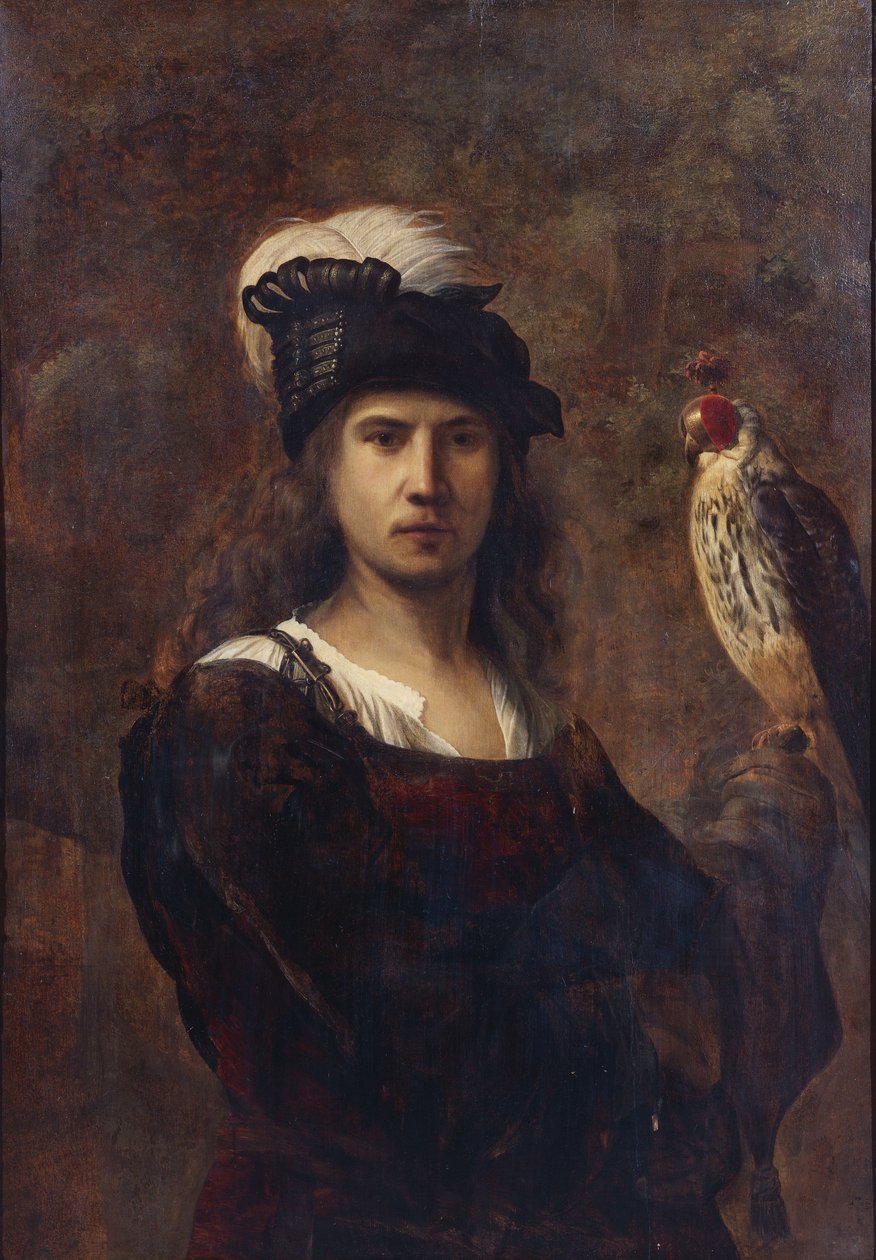 Haukkamies, jolla on haukka ja höyhenpäähattu tekijältä Rembrandt van Rijn