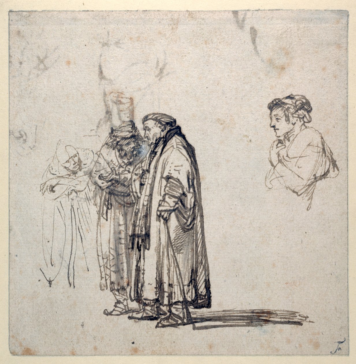 Ryhmä iäkkäitä tutkijoita ja erikseen nuoremman miehen profiili (kynä & ruskea muste pesuaineella ja guassilla paperilla) tekijältä Rembrandt Harmensz. van Rijn