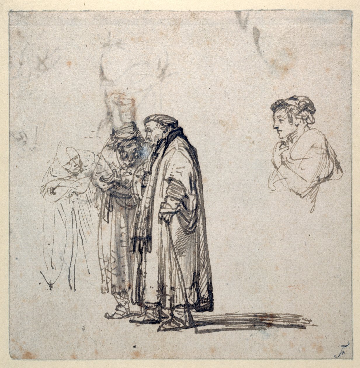 Ryhmä iäkkäitä tutkijoita ja erikseen nuoremman miehen profiili (kynä ja muste paperille) (recto of 2636120) tekijältä Rembrandt Harmensz. van Rijn