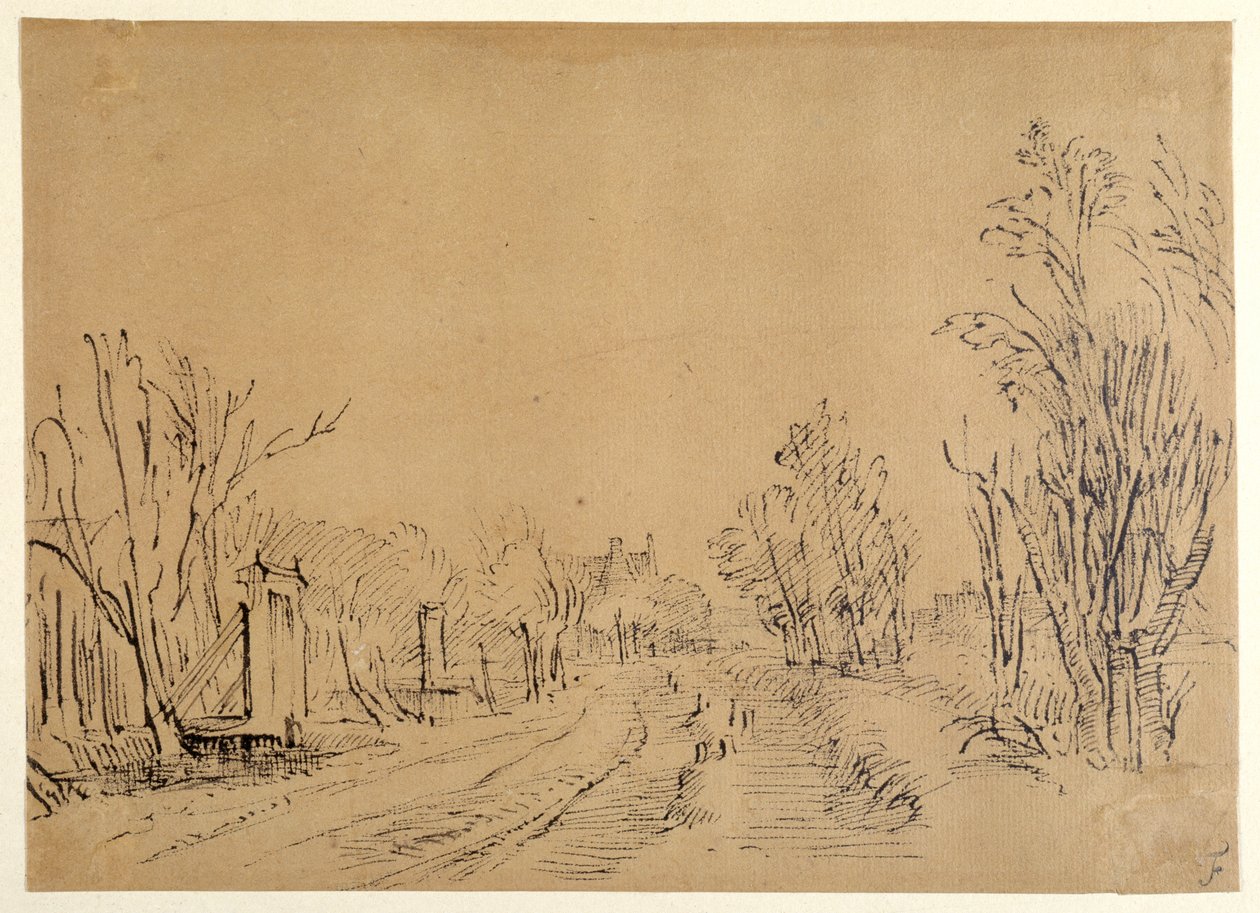 Päätie, joka johtaa taloon puiden läpi (kaksi siltaa ja porttipääsy dijkille) (kynä ja muste ruskealle paperille) tekijältä Rembrandt Harmensz. van Rijn