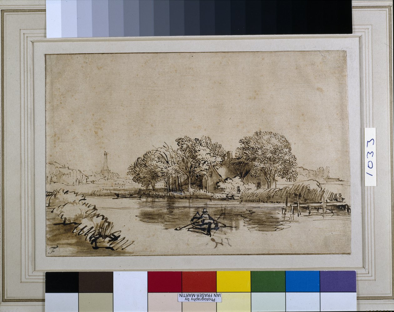 Mies purjehtimassa venettä Bullewijkilla, näkymä kohti Ouderkerkiä, n. 1650 (kynä ja muste ruskealla pesulla ja valkoinen vartaloväri paperilla) tekijältä Rembrandt Harmensz. van Rijn