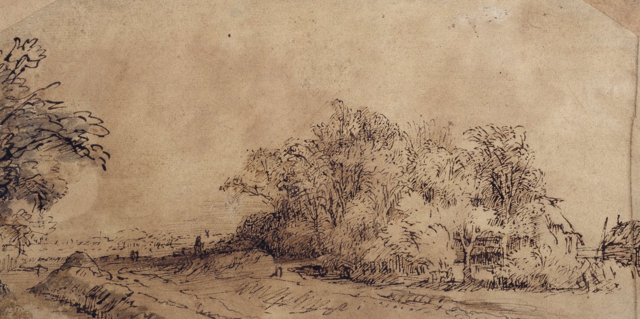 Karkea tie padon varrella, jossa puut piilottavat maatilan (kynä ja muste pesuaineella paperille) tekijältä Rembrandt Harmensz. van Rijn