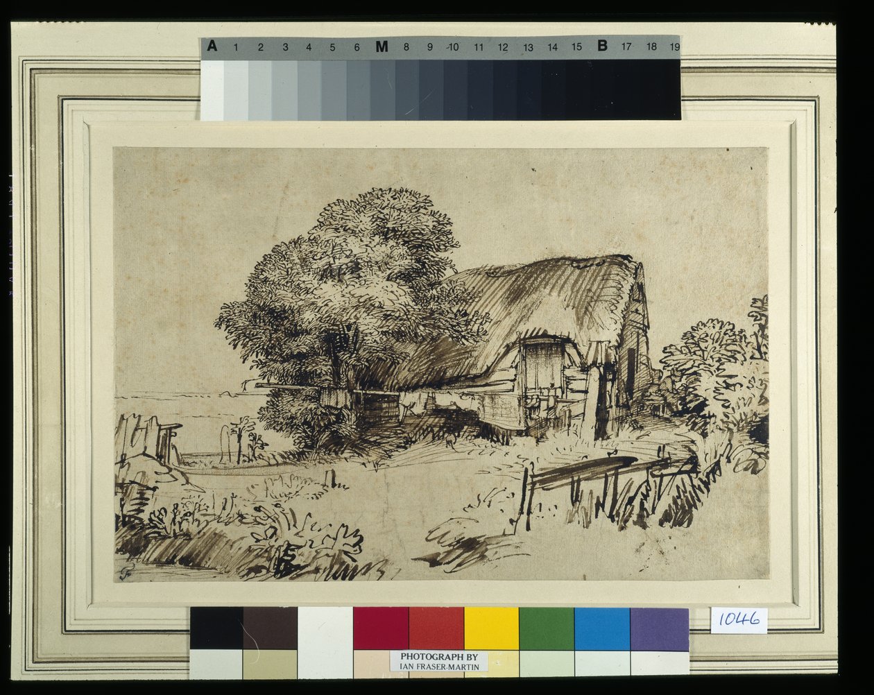 Olkikattoinen mökki suuren puun vieressä, ulkona istuva hahmo, n. 1648-52 (kynä ja muste paperille) tekijältä Rembrandt Harmensz. van Rijn