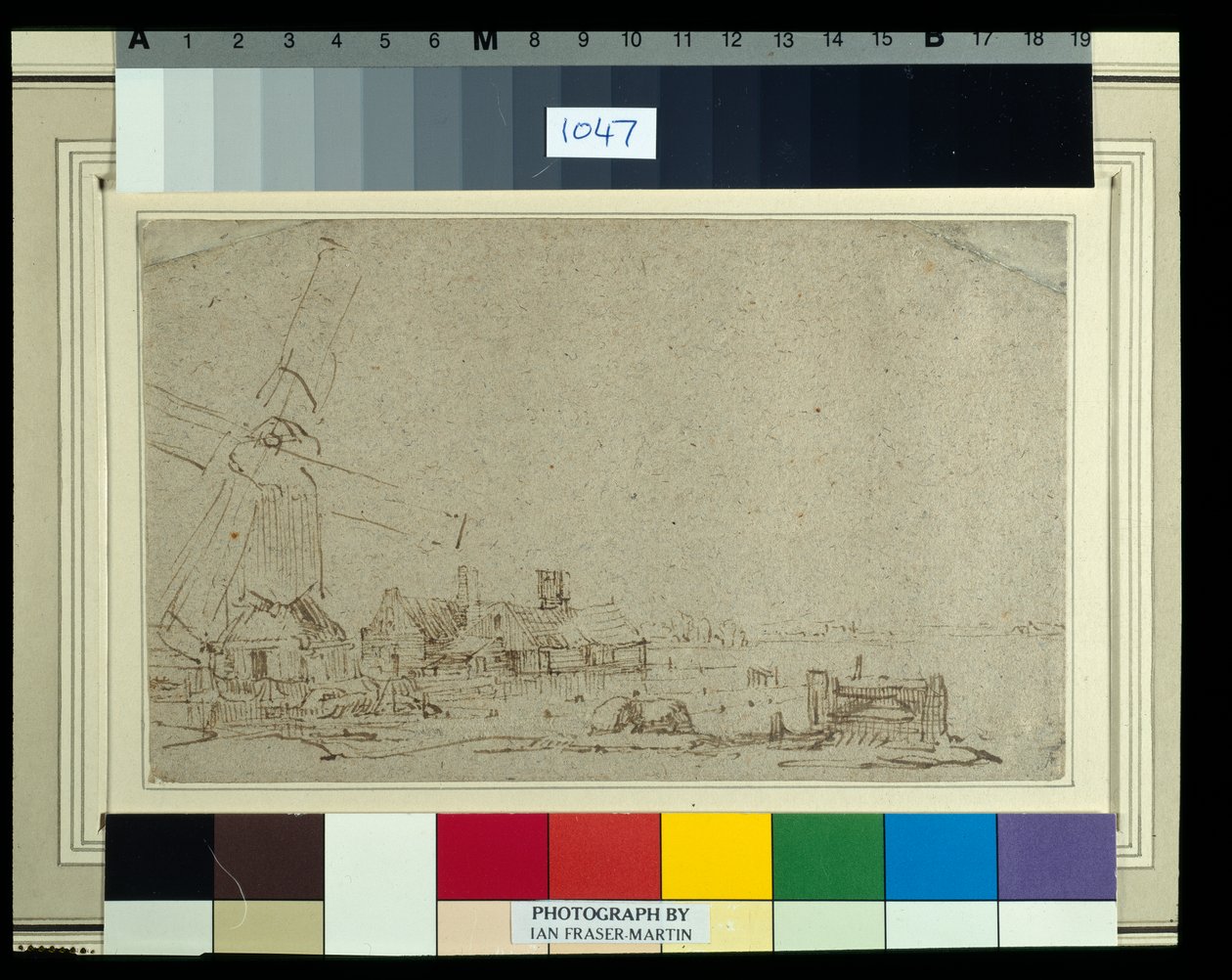 Tuulimylly ja taloryhmä, n. 1652-53 (ruokokynä ja muste pesulla paperille) tekijältä Rembrandt Harmensz. van Rijn