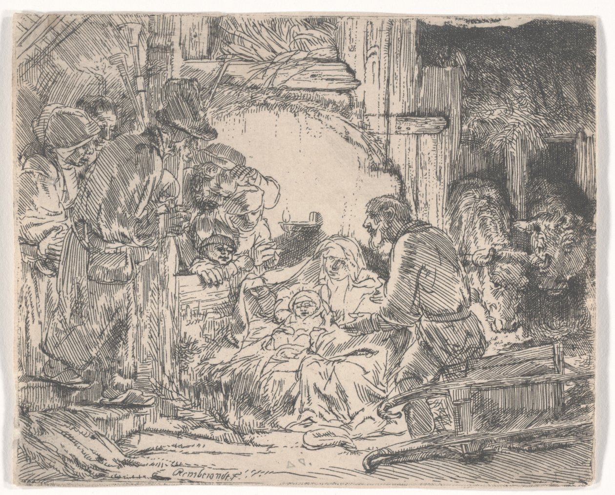 Paimenten palvonta lampun kanssa, n. 1654 (etsaus) tekijältä Rembrandt van Rijn