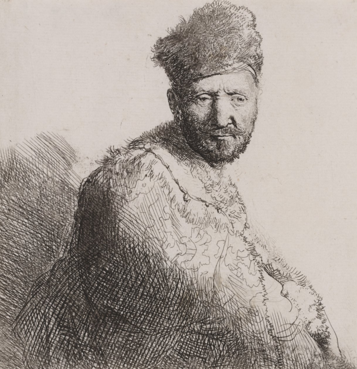 Parrakas mies karvaisessa itämaisessa lippassa ja -takissa tekijältä Rembrandt van Rijn