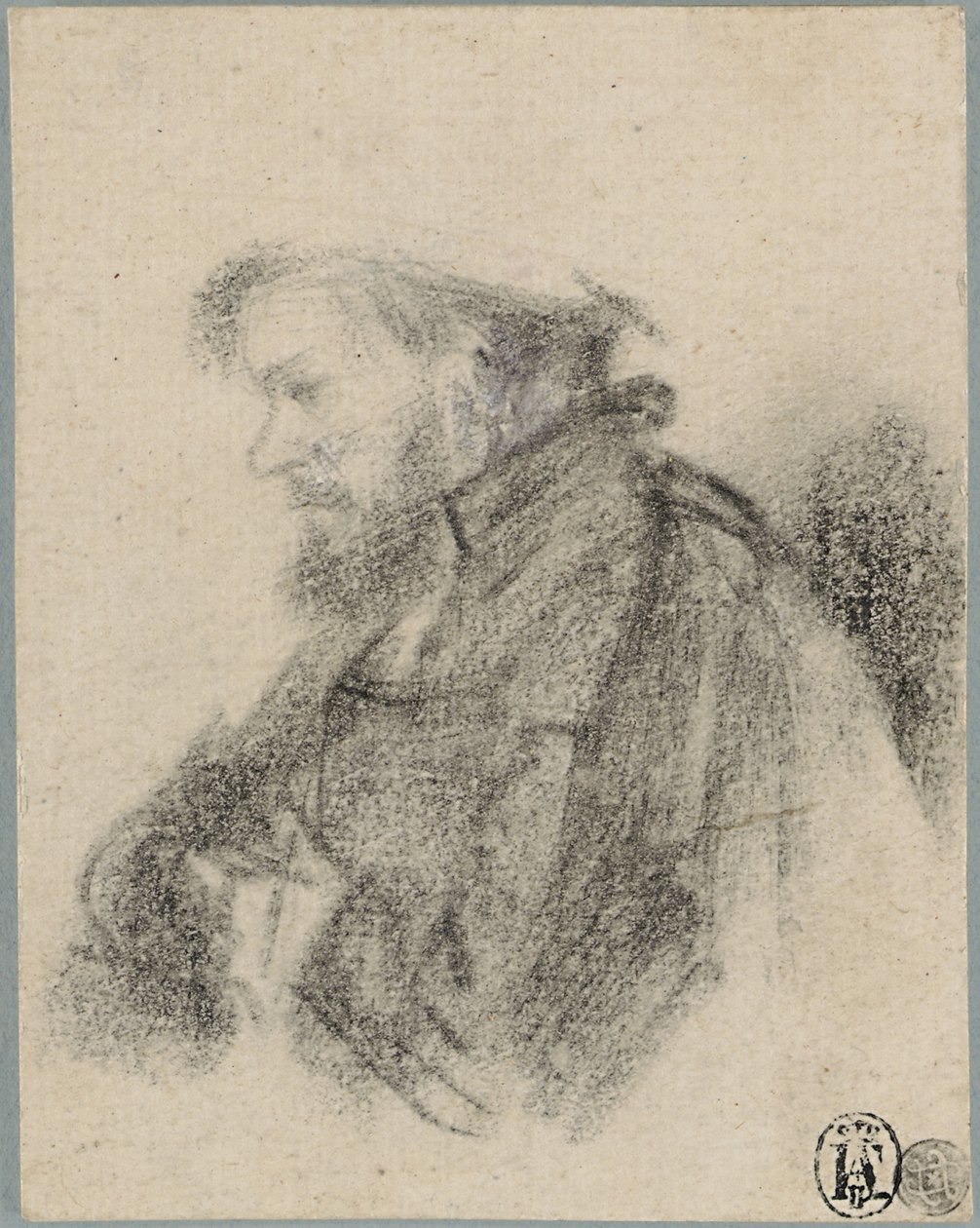 Parrakas mies, puolipitkä, profiilissa vasemmalla tekijältä Rembrandt van Rijn
